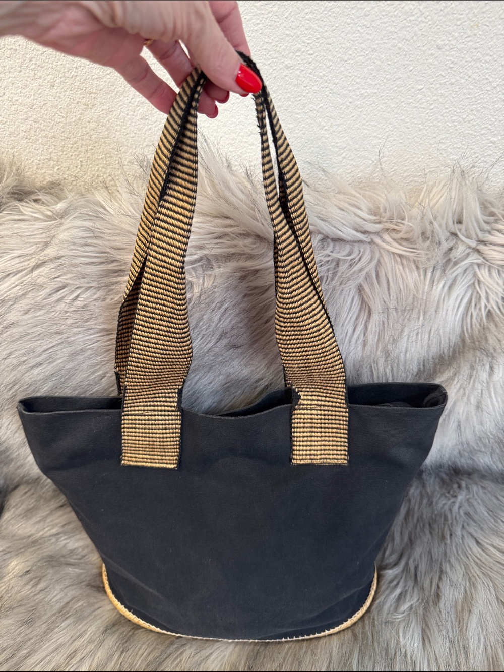 Castaner Black Canvas Tote with Gold-Striped Handles